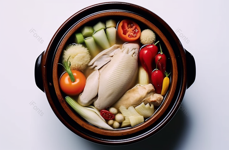 一锅鸡汤里面有鸡肉西红柿红辣椒番茄和大葱白底图背景图像摄影,高清,摄影图,摄影图片,图片大全,摄影图免费下载